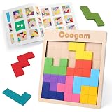 Coogam Drewniane puzzle z motywem Tangram blokują grę Brain Teasers z 60 wyzwaniami, rosyjskie budyki 3D, drewniane puzzle, Montessori STEM, zabawka edukacyjna, prezent dla dzieci i dorosłych