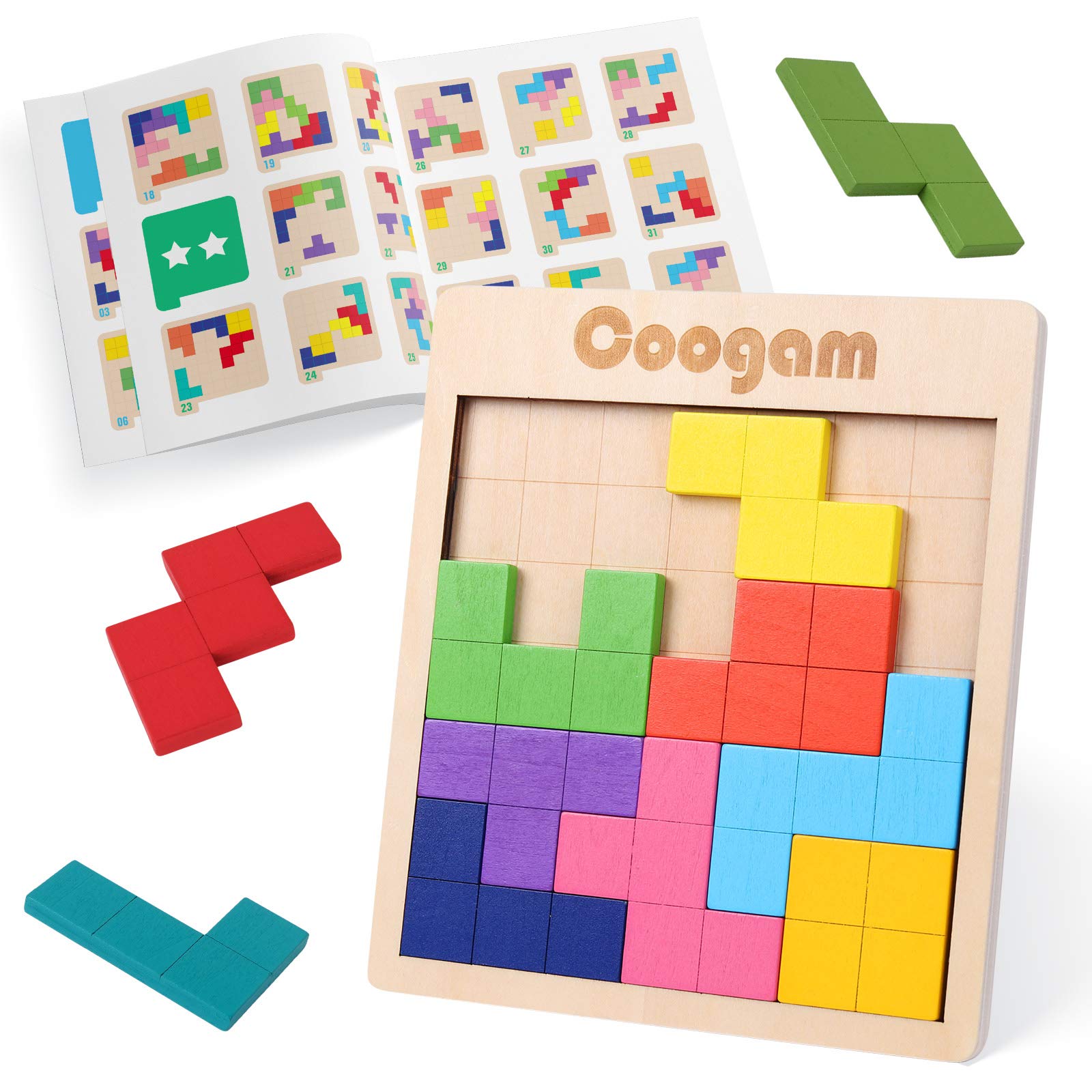 Coogam Wooden Puzzle Pattern Blocks Brain Teasers Game With 60 