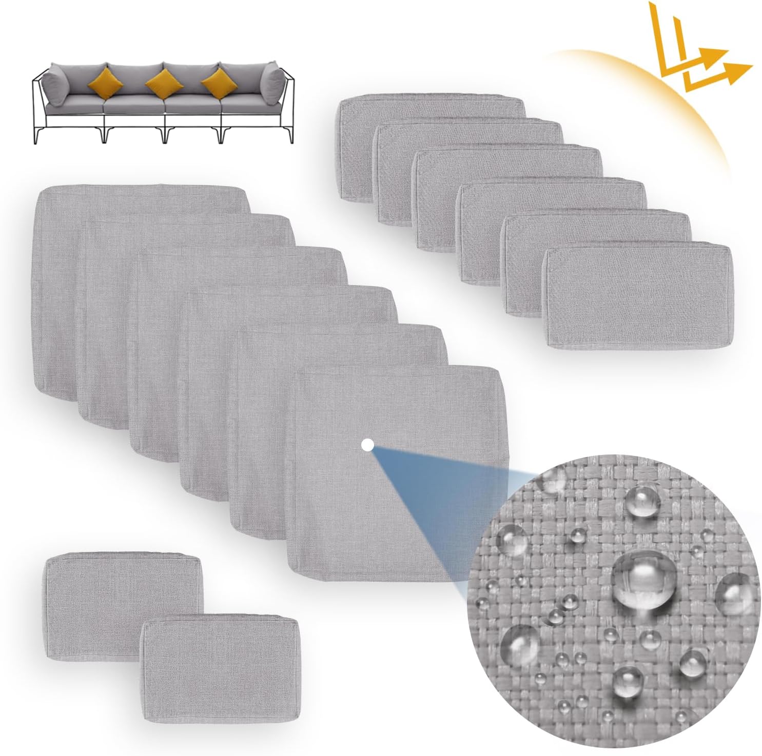 FINCATI 25.6x25.6x4 inches 14Pcs Outdoor Patio Cushion Covers Replacement with Zipper, Deep Seated Outdoor Sectional Replacement Slipcovers Cover for Patio Furniture Sets 25.6"x25.6", Light Grey