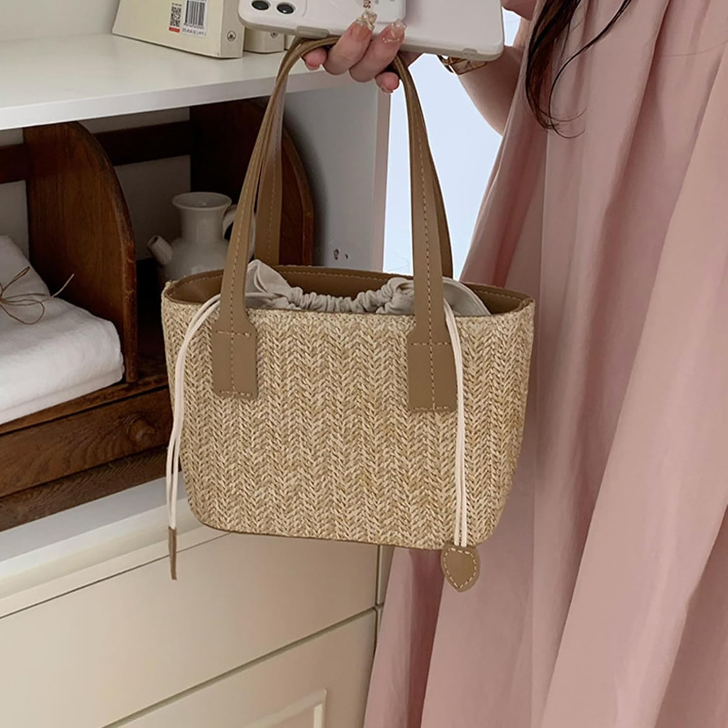 Farcauo Cute Straw Fabric Tote Bag Purse for Women Y2k Purse Shoulder Handbag Straw Tote Bag - Image 2