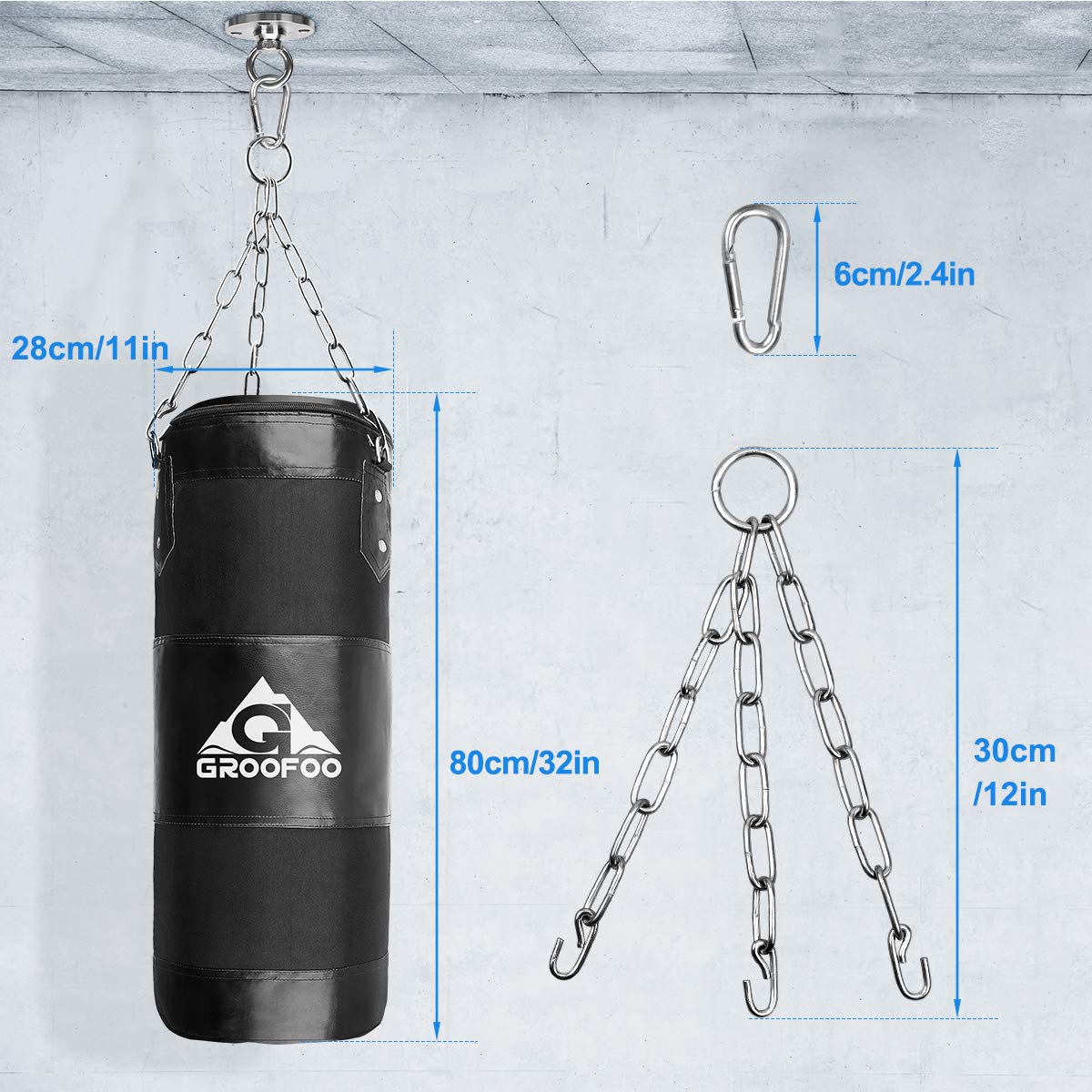GROOFOO Boxsack Kinder Hochleistungs Oxford Boxsack für Kinder, Jugendliche und Erwachsene, UNGEFÜLLTE Tasche mit Mount Chain Heavy Duty Pouching Bag für Boxtraining MMA Muay Thai