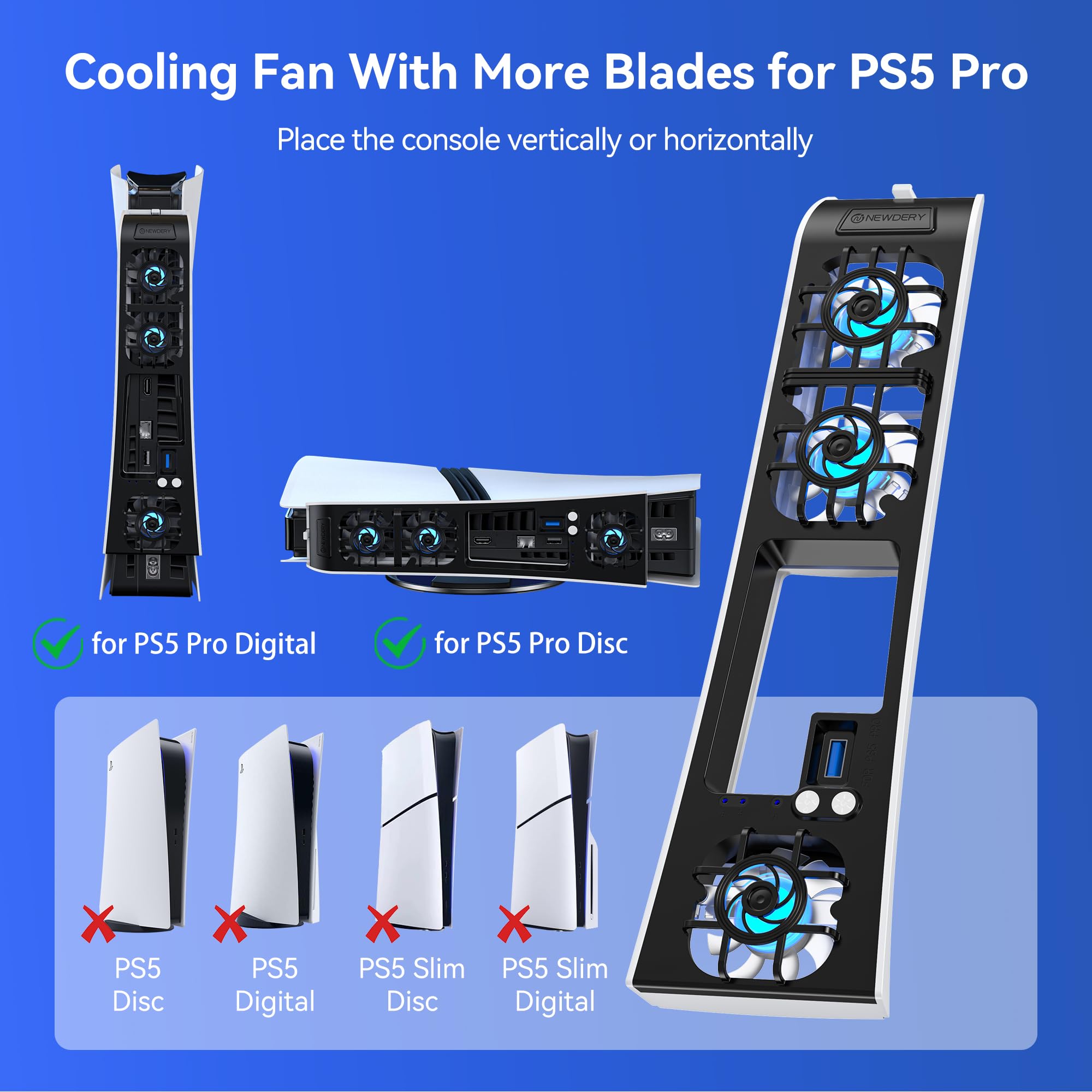 NEWDERY Wentylator do konsoli PS5 Pro, cichy, automatyczna prędkość obrotów, regulacja temperatury, dynamiczne oświetlenie RGB, port USB 3.0, kompatybilny z PlayStation 5 Pro Disc & Digita