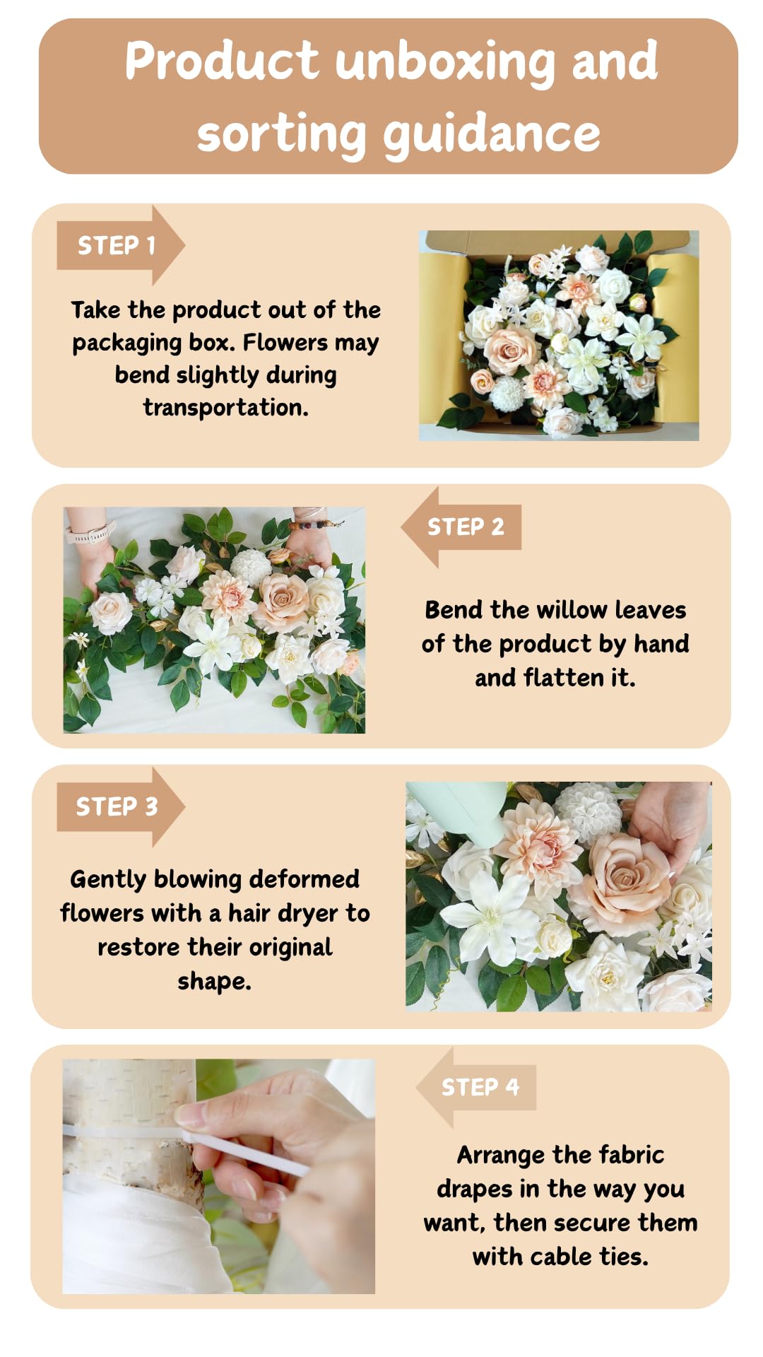 Muhanjia Künstliches Hochzeitsbogen-Blumen-Set (4 Stück), 2 künstliche Blumenbögen, 2 Chiffon-Stoffvorhänge, Zeremonie-Dekoration, Blumen-Party-Dekoration (Champagner und Creme)
