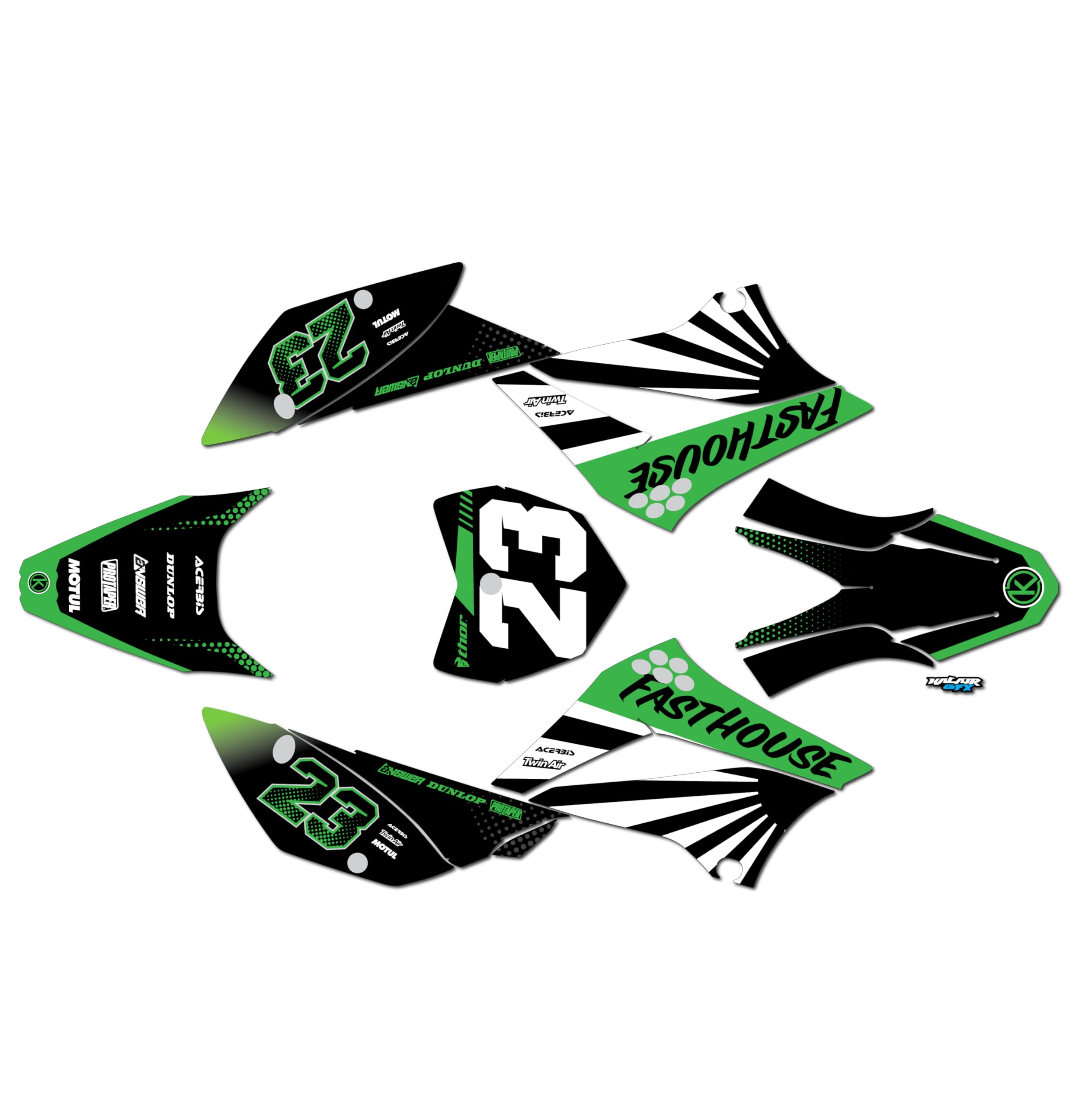 Kalair GFX Graphics Kit for Kawasaki KLX110, KLX110R/RL (2010-2024) FH Series Green 09 Mil - Dirt Pit Bike Motorcycle Stickers,Dirtbike Racing Decal no Plastics