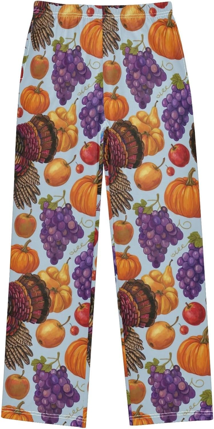 Vintage Turkeys Pumpkins Pajama Pants, Soft Cozy Modal Sleepwear, Elastic Waist with Pockets