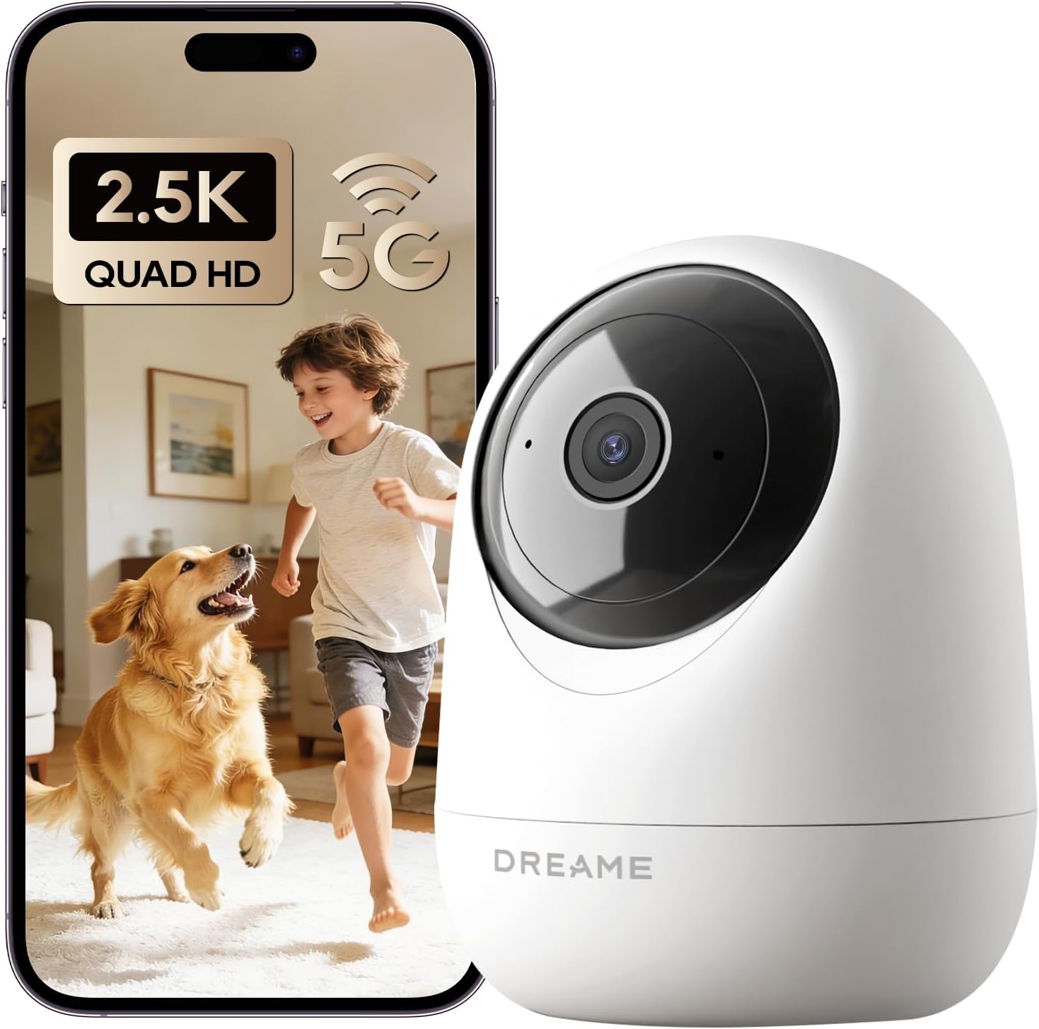 DREAME 2.5K 4MP Pet Dog Camera, Indoor Security Camera Wireless, Dual-Band 5G/2.4G Wi-Fi, Auto-Tracking, 360° Pan-Tilt, Cloud & Local Storage, Physical Privacy Mode, Work with Alexa & Google, White