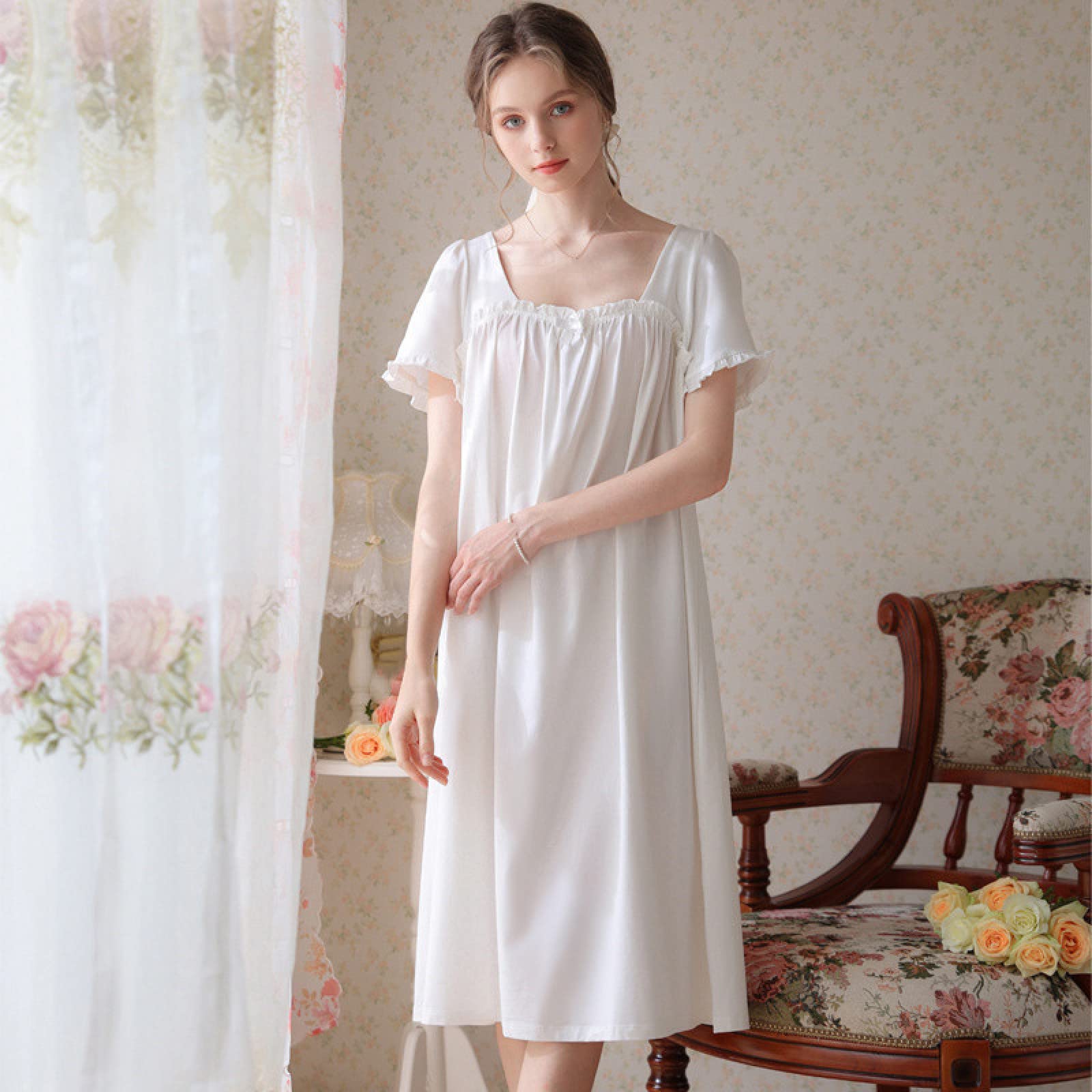 OFFSUM Camisón De Pijama De Mujer - Verano De Longitud Media Cuello Cuadrado Elegante Algodón Encaje Manga Corta Color Sólido Camisón Estilo Princesa Pijama Loungewear