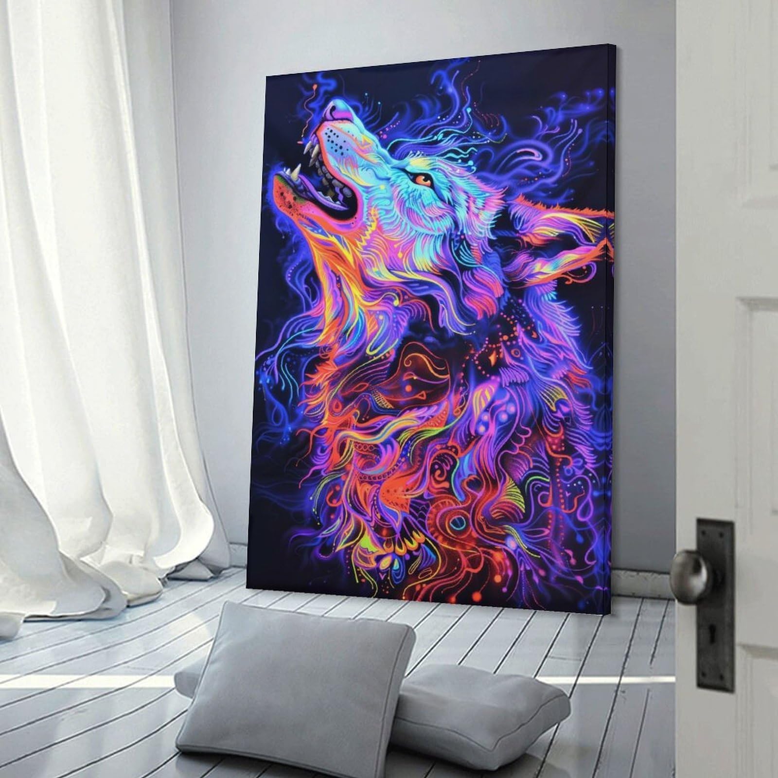 Junmoney Frame-Style Neon Wolf Art Wall Decor Canvas Print, 20X30inch(50X75cm), For Lounge, Bedroom Or Personal Spaces, Thoughtful Wall Decor For Art Lovers