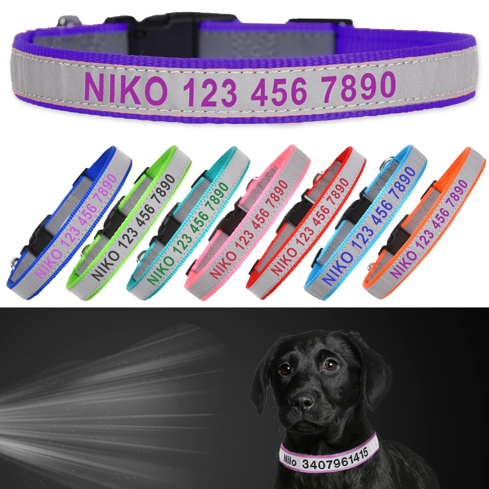 Reflective Personalized Dog Collar - Custom Embroidered Pet Name and Phone Number with Adjustable Nylon Buckle Collars in 5 Sizes XS to XL for Boy and Girl Dogs,Puppy,Deep Purple