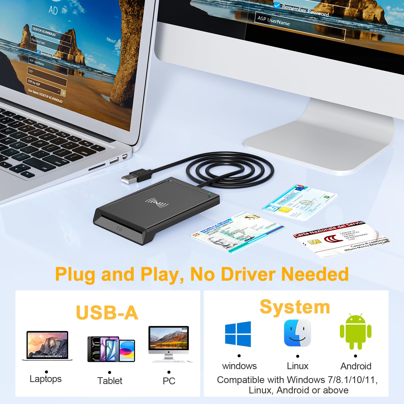 Lettore CIE 3.0 Carta d'identità Elettronica e Tessera Sanitaria Italiana,USB Lettore Smart Card Firma Digitale Lettore Smart contatto e contactless CIE/CRS/CNS,Lettore NFC per PC Windows 10 11 Linux
