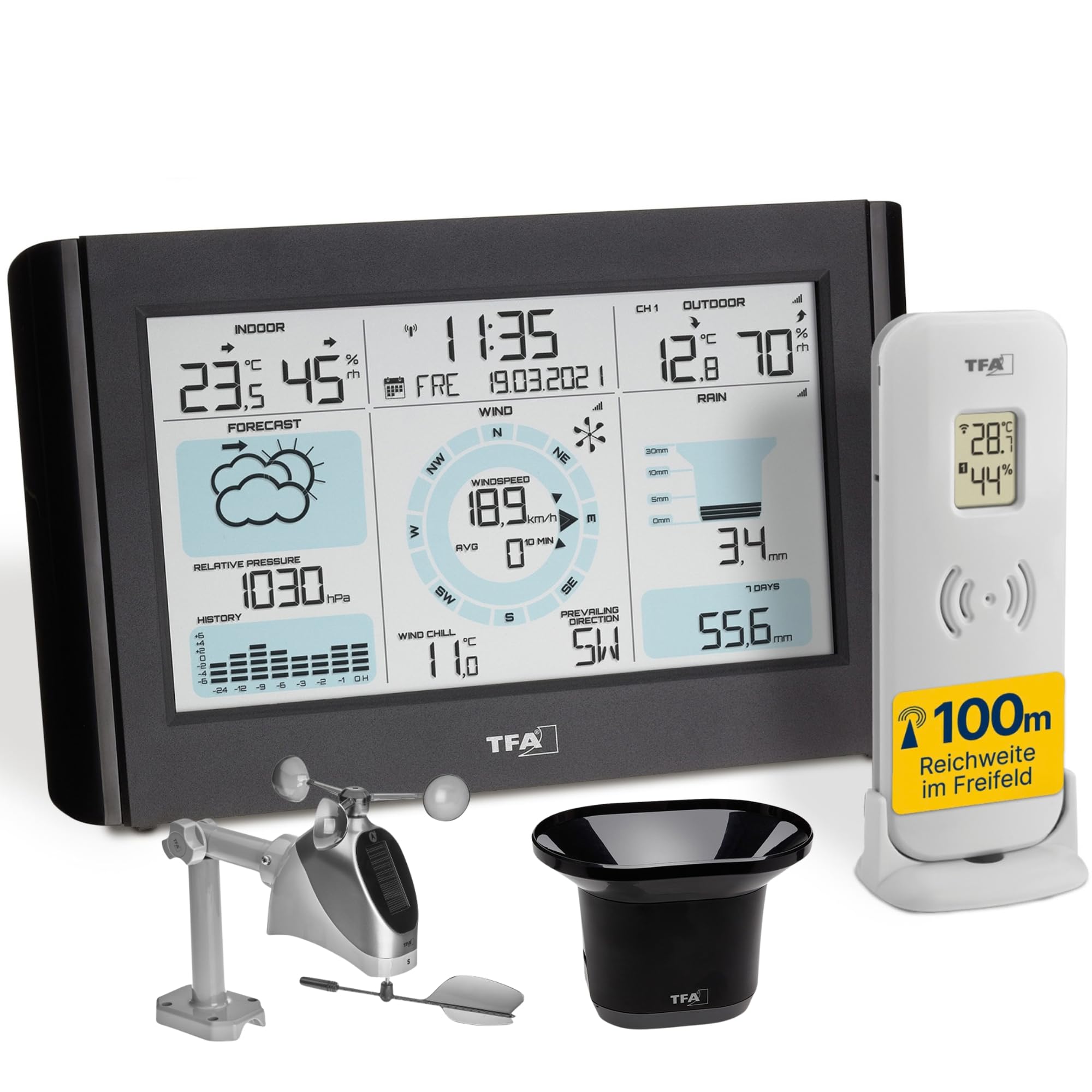 TFA Dostmann Funk-Wetterstation WEATHER PRO 35.1161.01, Windmesser mit Windrichtung und -stärke, Regenmesser mit Verlaufsgrafik, Wettervorhersage mit Symbolen, Luftdruckanzeige, Funkuhr, schwarz