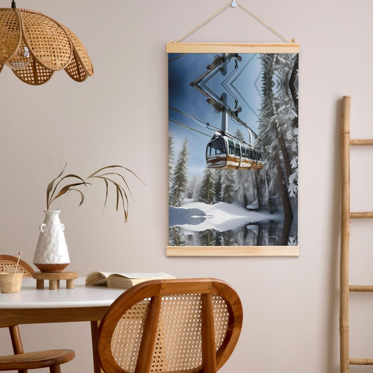 Winter Cable Ski Lift Print Poster Hanger,Hanging Poster, Poster Frame,Wood Poster Hanger, For Wall Hanging