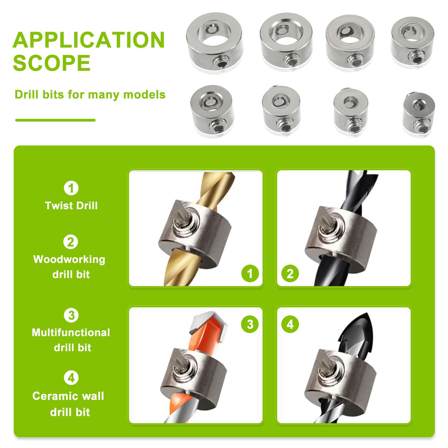 3/4/5/6/7/8/9/10 mm 8 Pezzi Stopper Stop di Profondità Limitatore di profondità Drill Depth posizionatore, con Chiave esagonale