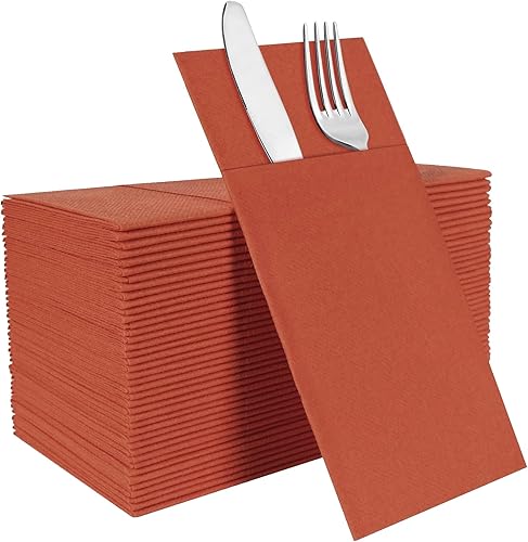 Lylllwly Servilletas de papel de terracota desechables, servilletas de cena con bolsillo integrado para cubiertos, preplegadas para cuchillos y