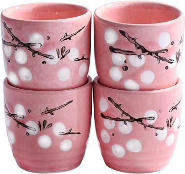 Set of 4 Japanese Sake Cup Set, Hand-Painted Pink Plum Blossom Ceramic Cups, Traditional Porcelain Sake Glasses for Hot/Cold Sake