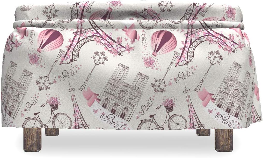 Lunarable City Love Ottoman Cover, Paris Hearts Eiffel Tower, 2 Piece Slipcover Set with Ruffle Skirt for Square Round Cube Footstool Decorative Home Accent, Standard Size, Purple Pink