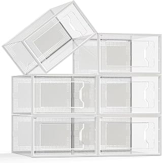 SEE SPRING Large 6 Pack Shoe Storage Box, Clear Plastic Stackable Shoe Organizer for Closet, Space Saving Foldable Shoe Rack Sneaker Container Bin Holder