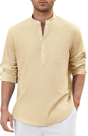 Enlision 103H Mens Long Sleeve Linen Henley Shirt Quick-Drying Stylish Casual Shirt for Daily Wear Summer Vacation