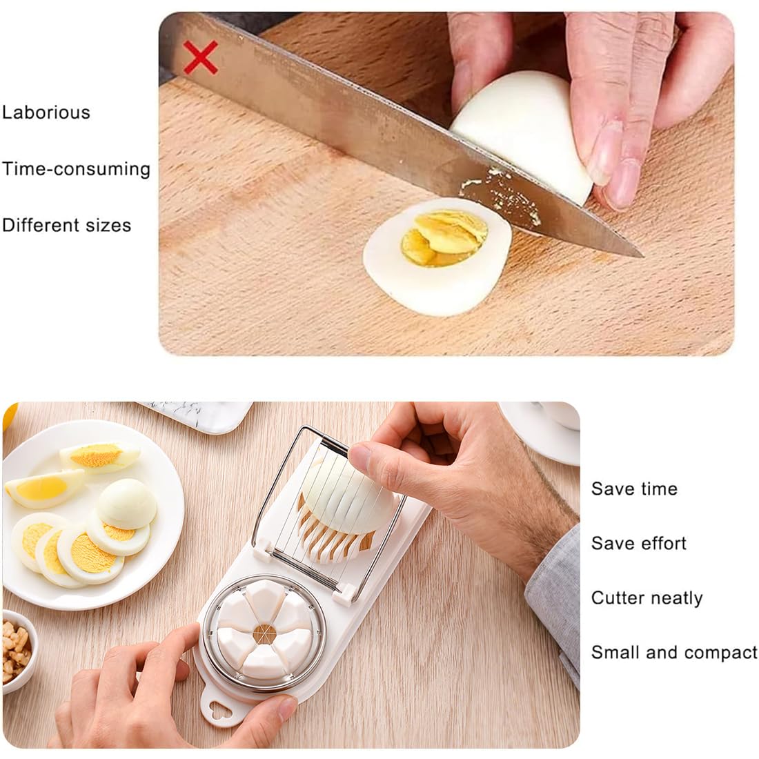 Cortador de huevos de acero inoxidable, 2 tamaños, para huevos duros y cocidos