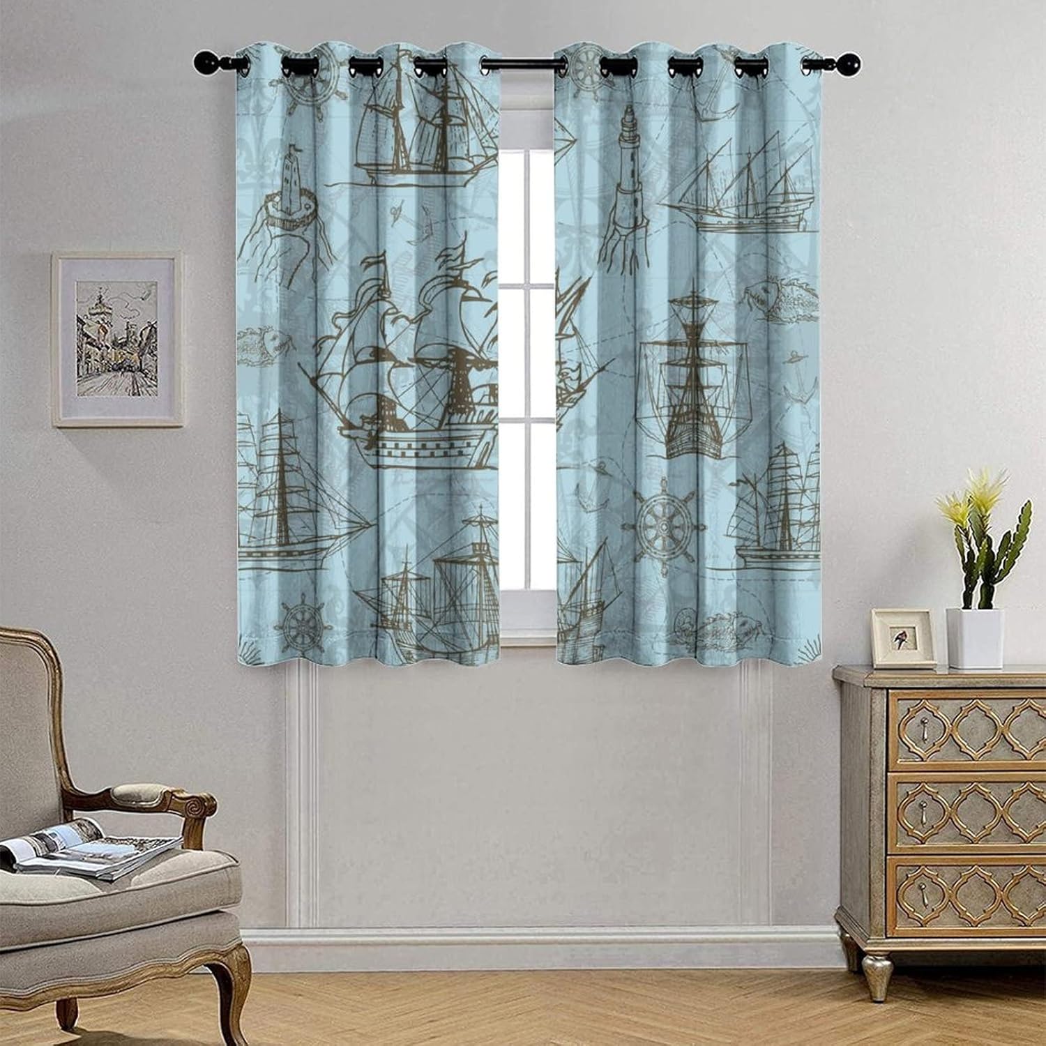 Vintage Nautical Curtains - Abstract Ocean Themed Old Sailboat Anchor Lighthouse Window Treatment Room Darkening Blackout Curtains Thermal Insulated Grommet Curtains for Bedroom 2 Panels 45L x 21W