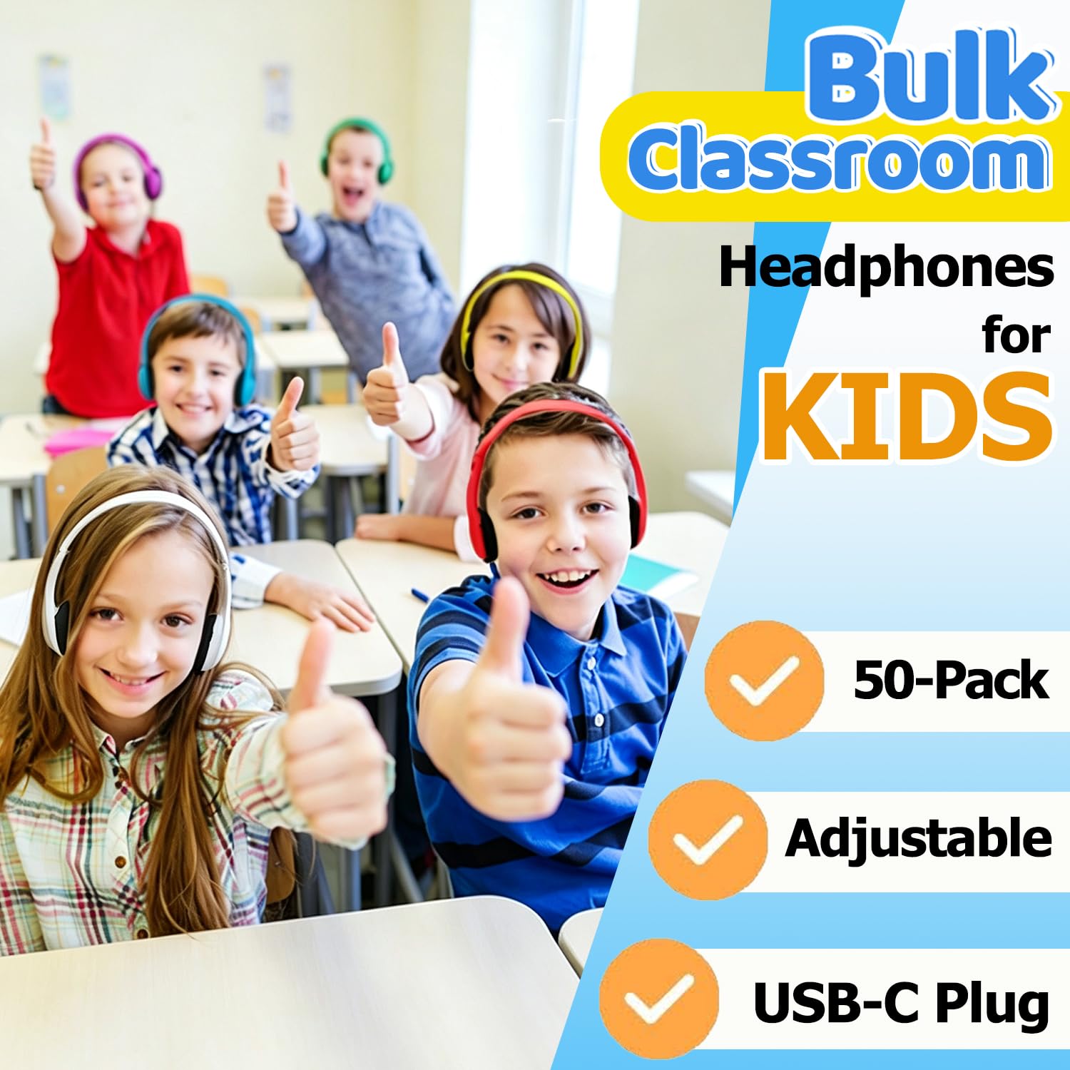 Set di cuffie di tipo C (confezione da 50), resistenti cuffie cablate per bambini per Chromebook e laptop, cuffie scolastiche sfuse per studenti adolescenti ragazzi ragazze, cuffie USB C