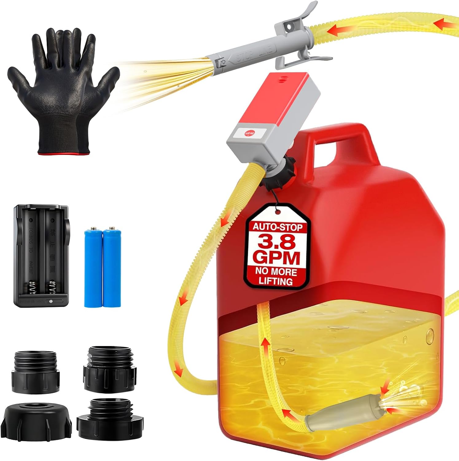 2026-Fuel Transfer Pump - 3.8 Gpm Battery Powered by Auto-Stop, 51-Inch Hose, 4 Adapters for Natural Gas, Petroleum, Portable Electric Siphon Pump for Trucks, RV & Boats