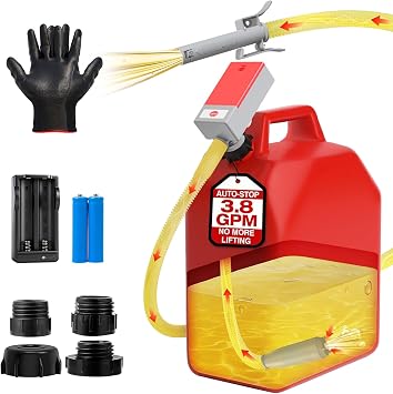 Fuel Transfer Pump - 3.8 Gpm Battery Powered by Auto-Stop, 51-Inch Hose, 4 Adapters for Natural Gas, Petroleum, Portable Electric Siphon Pump for Trucks, RV & Boats