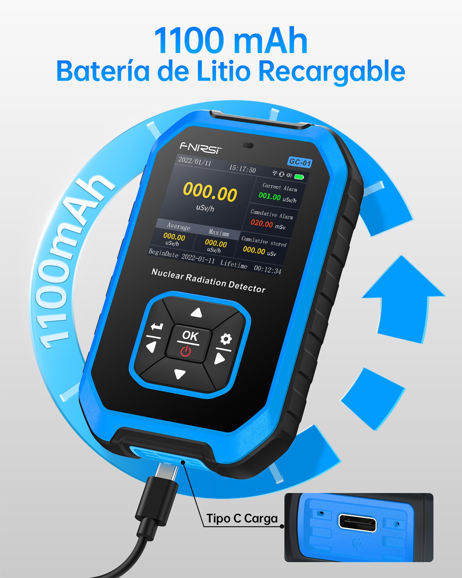 FNIRSI GC-01 Detector de Radiación Nuclear con Contador Geiger - Dosímetro de Radiación con Pantalla LCD, Medidor Portátil de Radiación Beta-Gamma Recargable, 5 Unidades de Dosis Conmutables