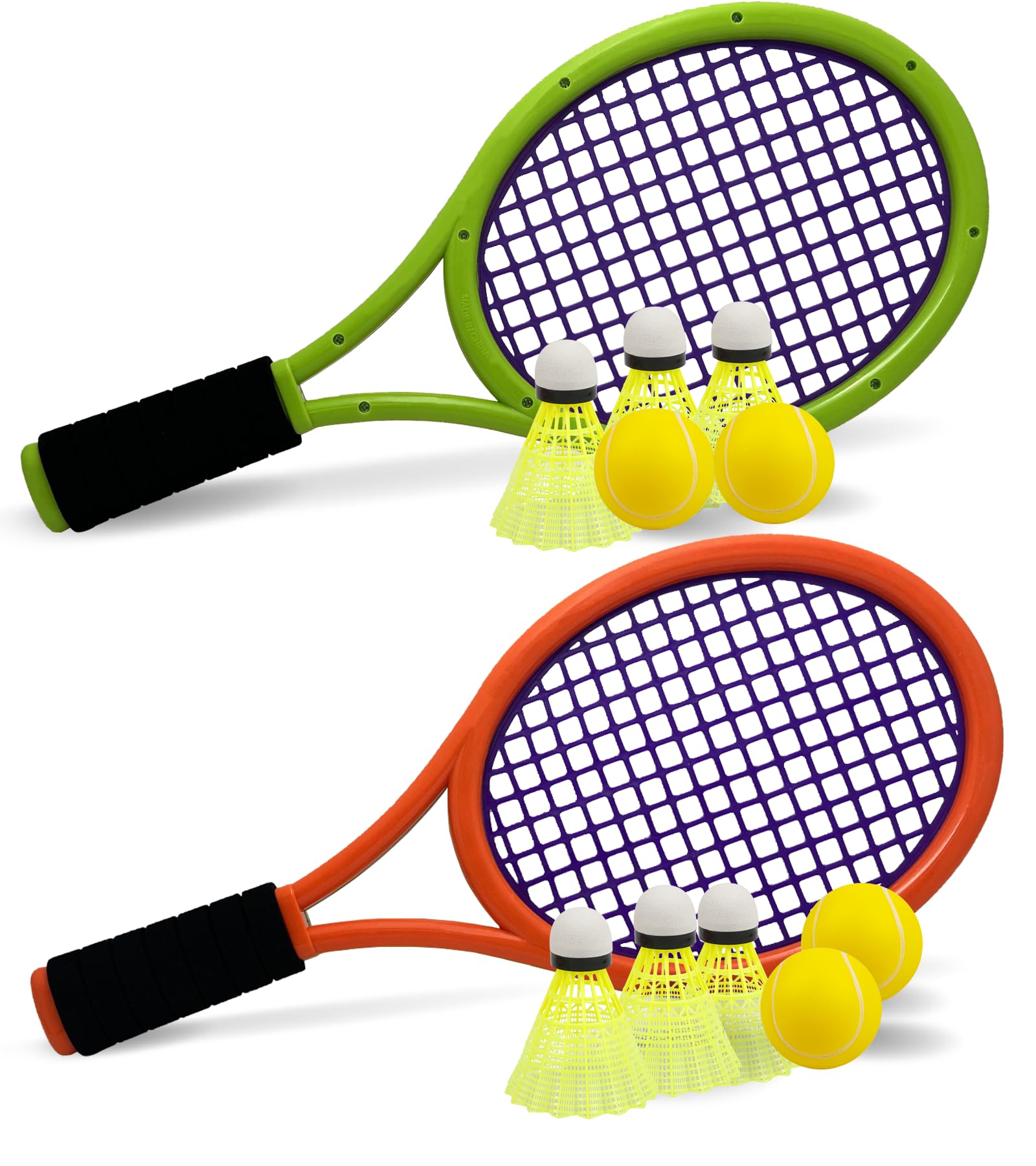 Juego de Raquetas de Tenis para niños, de 17 Pulgadas, con 4 Pelotas Suaves y 6 Volantes de bádminton para niños pequeños, Deportes en Interiores y Exteriores