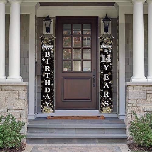 Miniatura 80 de Decoraciones de feliz cumpleaños 18, cartel colgante de puerta con temática de cumpleaños de estrella de ensueño negro y plateado de 18 años