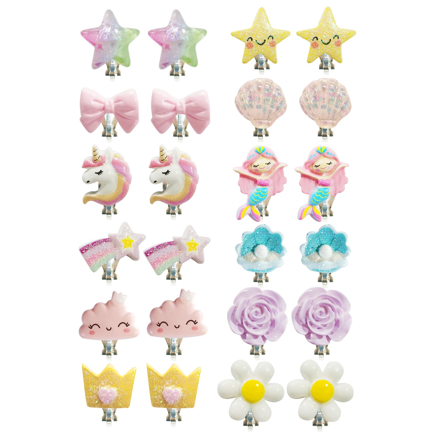 ViEinkaufe Set 14 Paia Orecchini A Clip Per Bambine – Disegni Colorati Di Cuori, Fiori E Farfalle – Gioielli Senza Foro, Morbidi E Sicuri