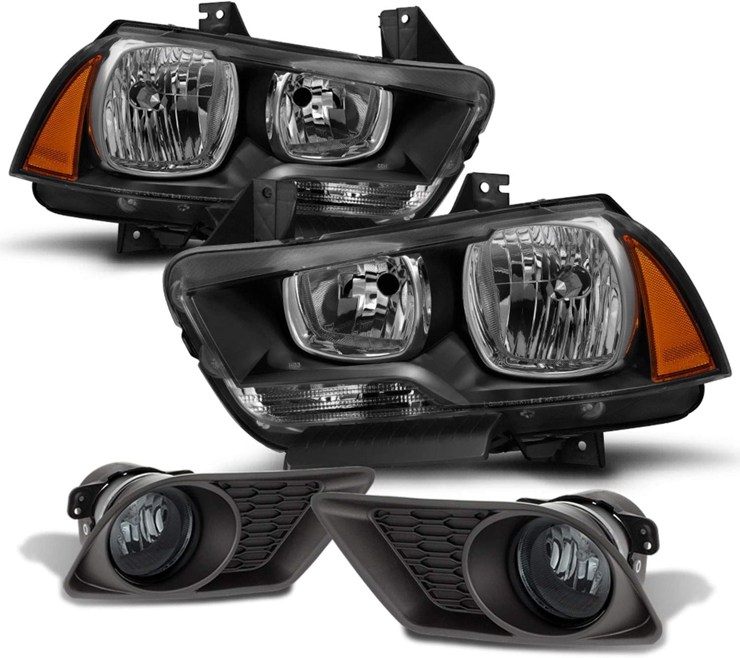 AKKON - Fits 2011-2014 Dodge Charger [Halogen Type] Black Headlights + Smoked Bumper Fog Lights Replacement Pair Left+Right