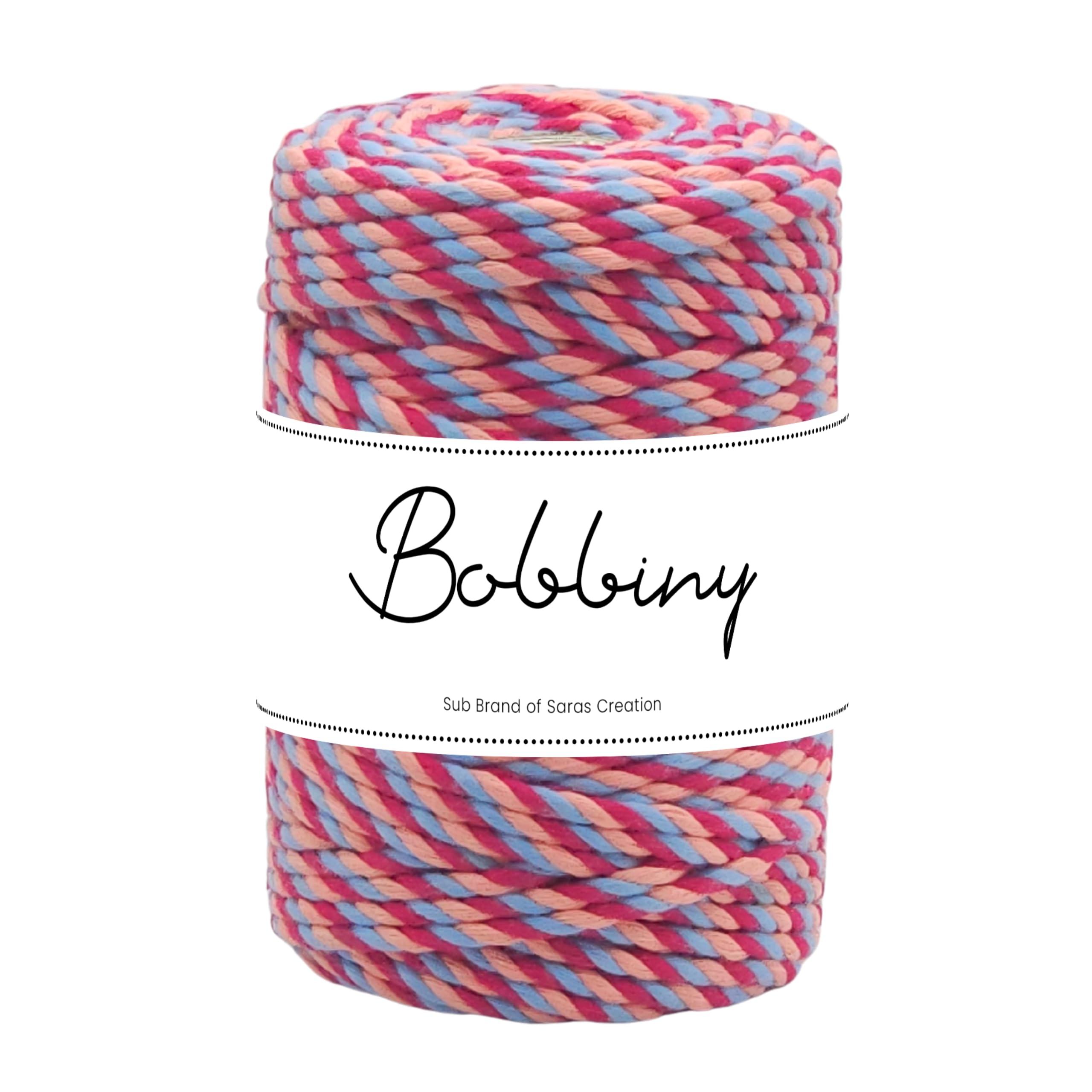 Bobbiny | 3 Ply Twisted Macrame Cotton Cord Dori (Roll Packaging) Thread for Macrame DIY and Other Projects | Peach/Pink/Sky | 4mm,50 Meter