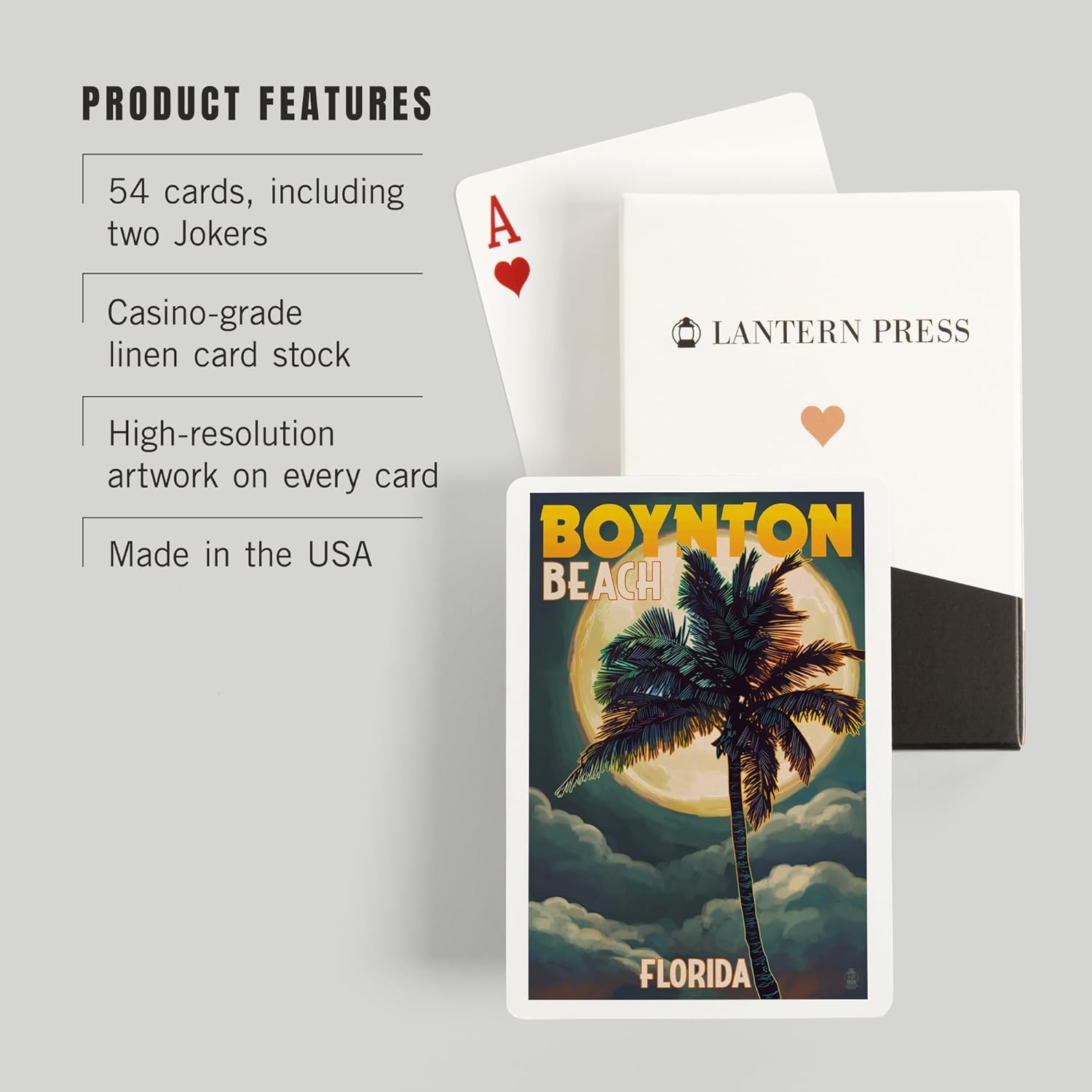 Lantern Press Boynton Beach, Florida, Palm and Moon, 52 Playing Cards for Adults, Poker Size Card Deck