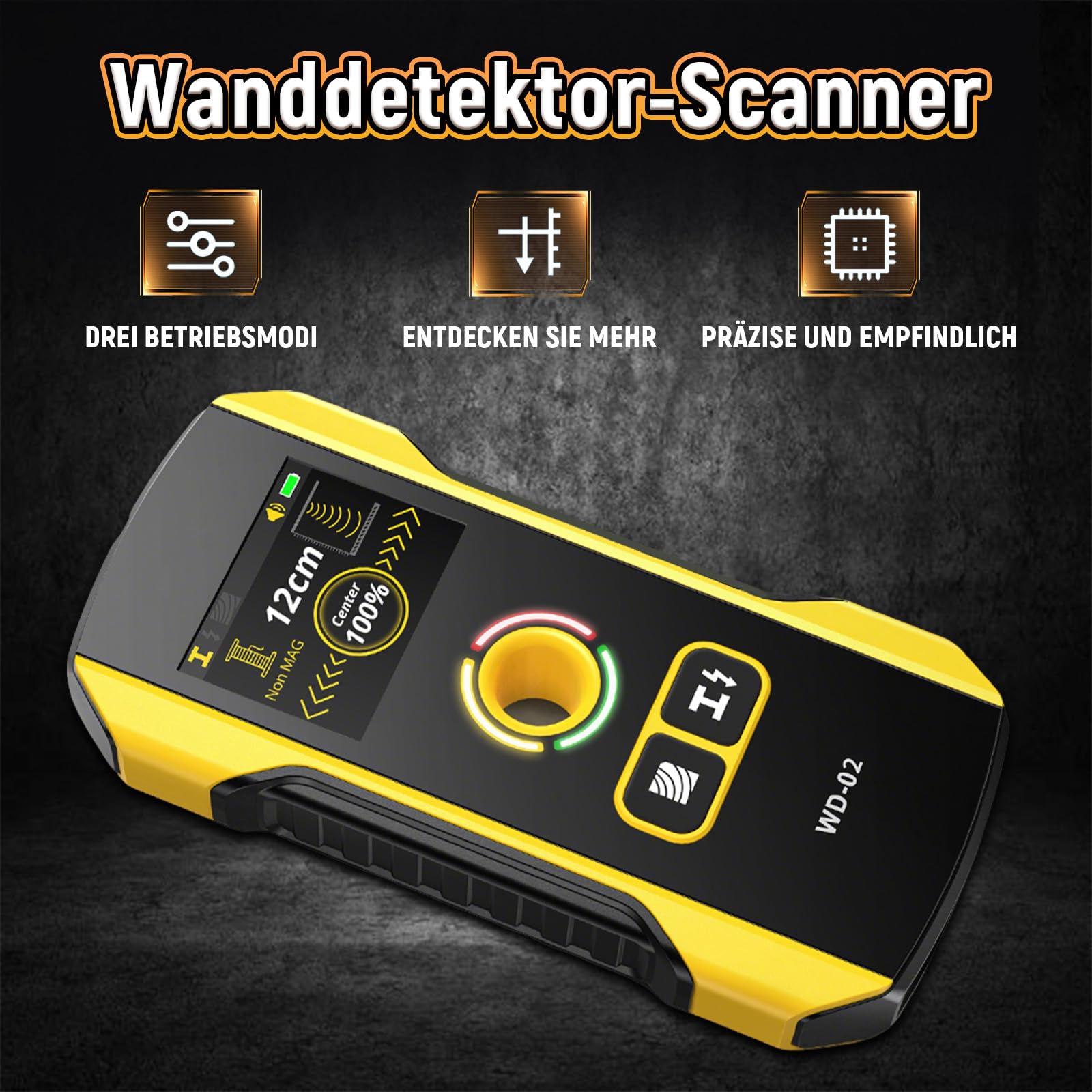 WD-02 Wandscanner Ortungsgerät, Leitungssuchgerät mit TFT-Display & Positionierungsloch, Wandmetalldetektor für Mitte und Kante von Holzständern, Metallteilen, Kabeln, Rohren und Balken
