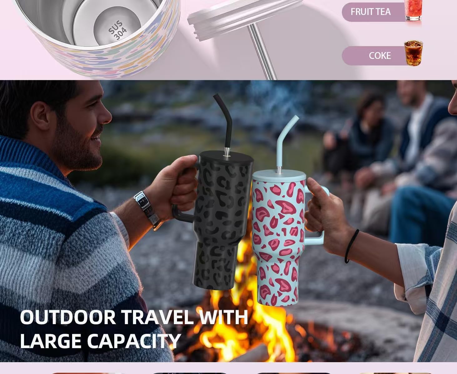 Large capacity 40 oz Tumbler with Handle, Insulated Tumbler with Lid and Straw, Stainless Steel Travel Mug, Keeps Cold for 24 Hours, Leak Proof, Fits in Car Cup Holder (Black leopard print) - Image 7