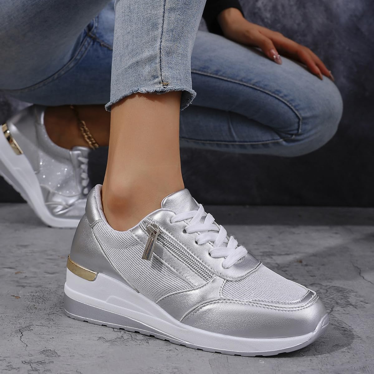 Basket Femme Chaussures à Lacets Sneakers Wedge Basket Compensées Chaussures de Marche