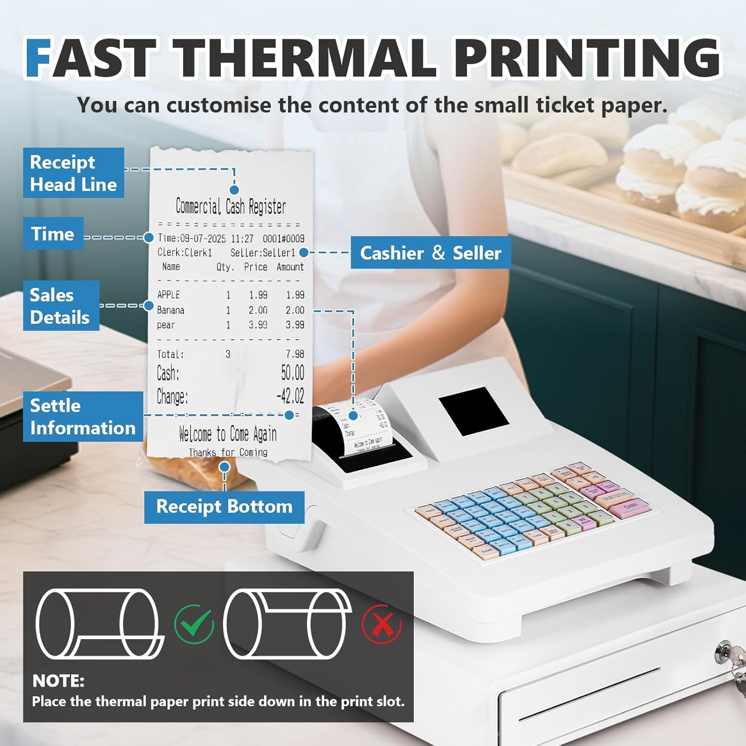 MABAOHENG Elektronische Registrierkasse mit 58 mm Thermodruck Kasse für den Handel mit LED Kundenanzeige Smart-Kassensystem Einzelhandel mit Kassenschublade für Gastronomie/Einzelhandel (English)
