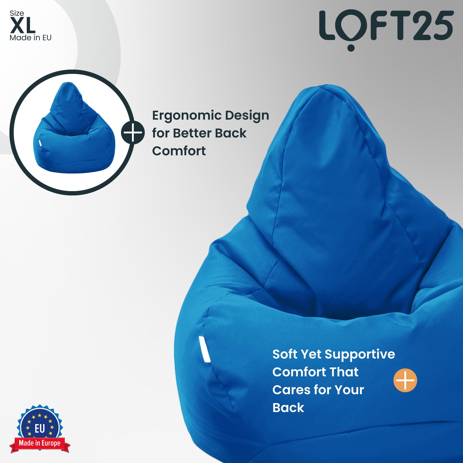Loft 25 Sitzsack-Spielerstuhl | für den Innenbereich des Wohnzimmers im Freien | Wasserbeständig | Ergonomisches Design zur Körperunterstützung | Langlebig und Bequem (Marokkanisches Blau, Sitzsack)
