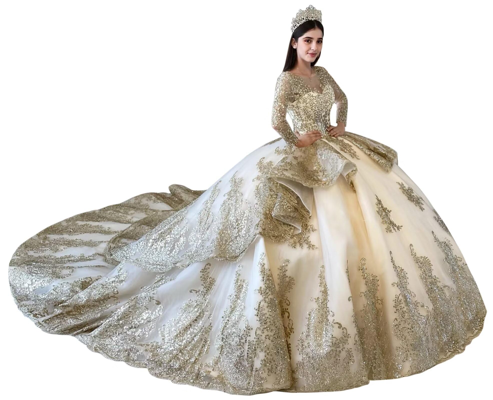 XYAYE Glitter Long Sleeve Quinceanera Dresses with Long Train Lace Tulle Sweet 16 Dress Puffy Layered Vestidos de