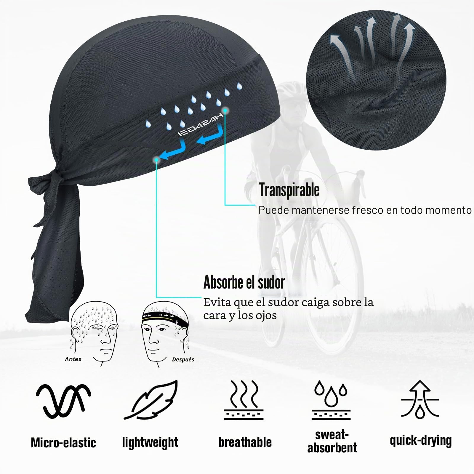 HASAGEI Bandana Deportiva Durag, Bandana, pañuelo para la Cabeza para Bicicleta, Transpirable, Absorbe el Sudor Verde Talla única…