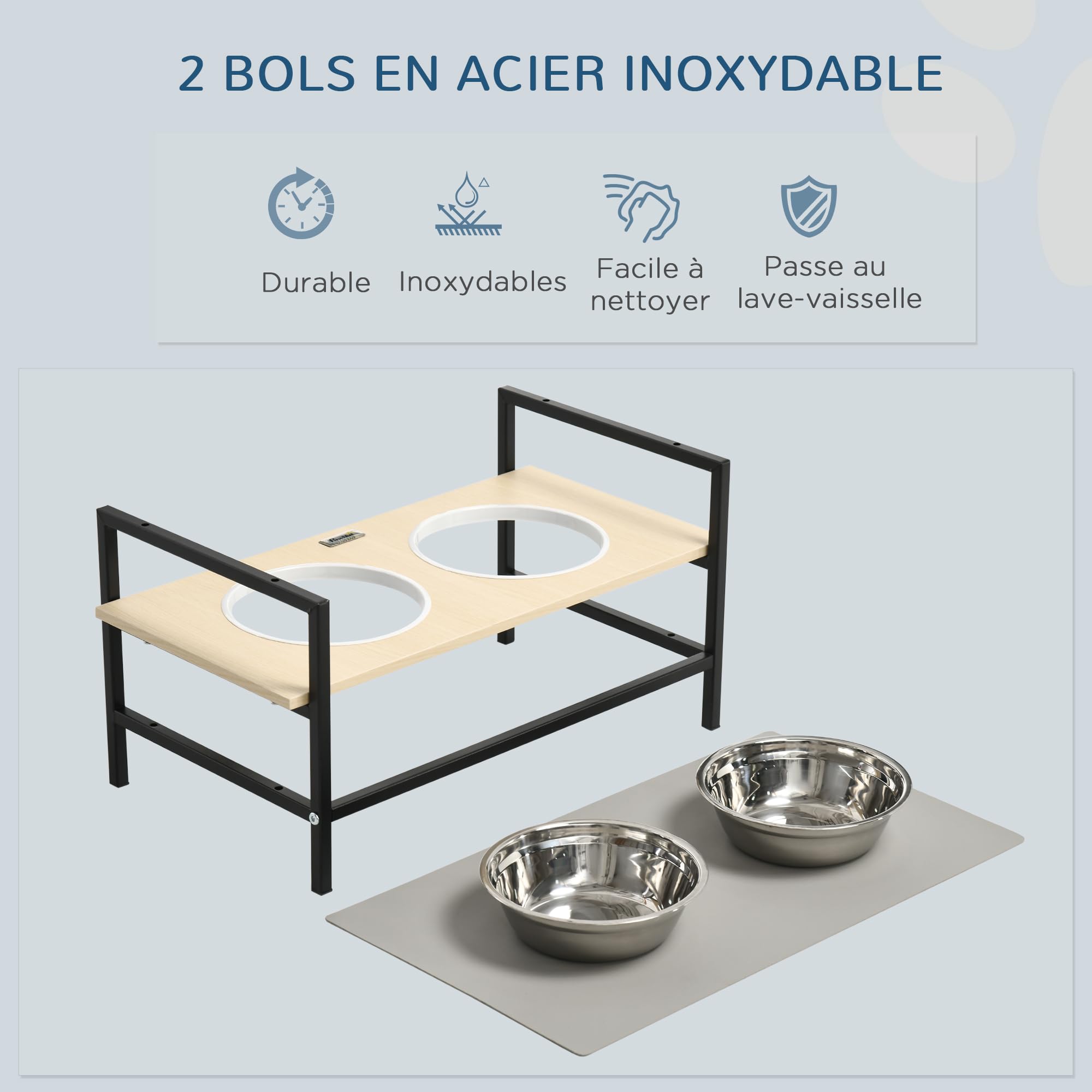 PawHut Gamelle Chien surélevée Double Porte-gamelle avec 2 Bols Amovibles en Acier, Hauteur réglable 11/21,5/32 cm et 1 Tapis | Hauteur Réglable 11/21,5/32 cm, 1 Tapis