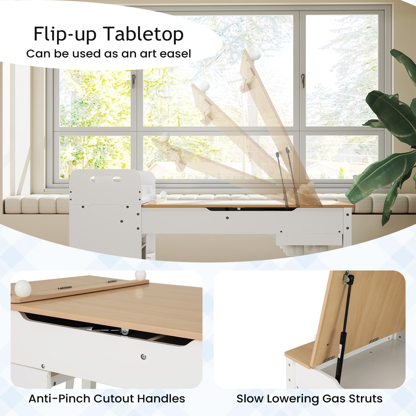 LIFEZEAL Tavolino Bambini, in Legno, con Sedia, Lavagna, Cavalletto, Scaffale per Giocattoli, Libreria, Porta Rotolo di Carta, Tavolo Bambini da Cameretta, Set per Bimbi 3+Anni, Naturale