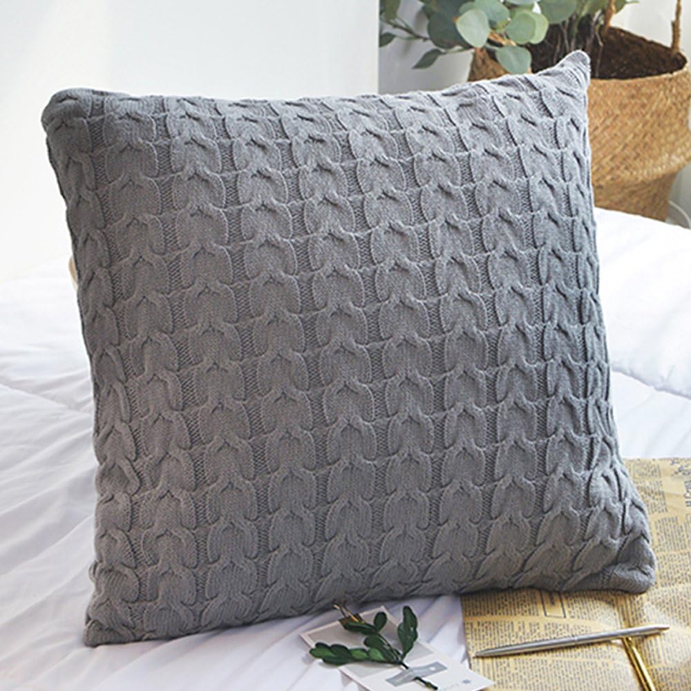 100% Cotton Knit Cushion Covers Decorative Stretchable Pillow Case for Living Room/Car/Office(Grey,18” x 18”-20” x 20”)