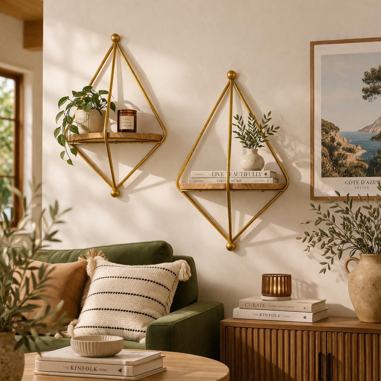 Golden Metal Wall Shelves with Wooden Base – Geometric Wall for Living Room, Bedroom, Bathroom – Easy to Mount, Durable, Stylish Display Shelf Size 16'' x 7'' x 4'' (2 PS)-image-18