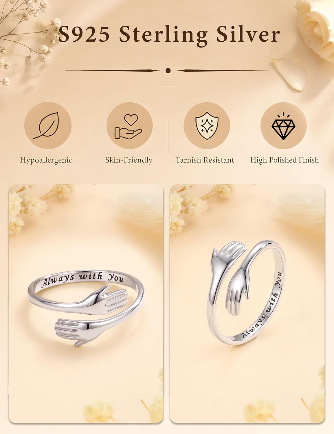sailimue 925 Sterling Silver Hug Ring Adjustable Gift For Daughter Women