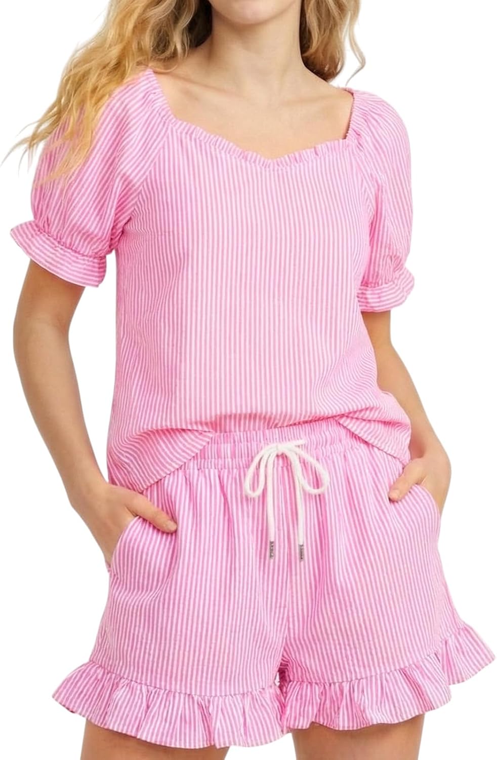 Capoda Women Summer 2 Piece Outfit Cotton Striped Square V-Neck Lantern Sleeves Top High Waist Shorts for Women