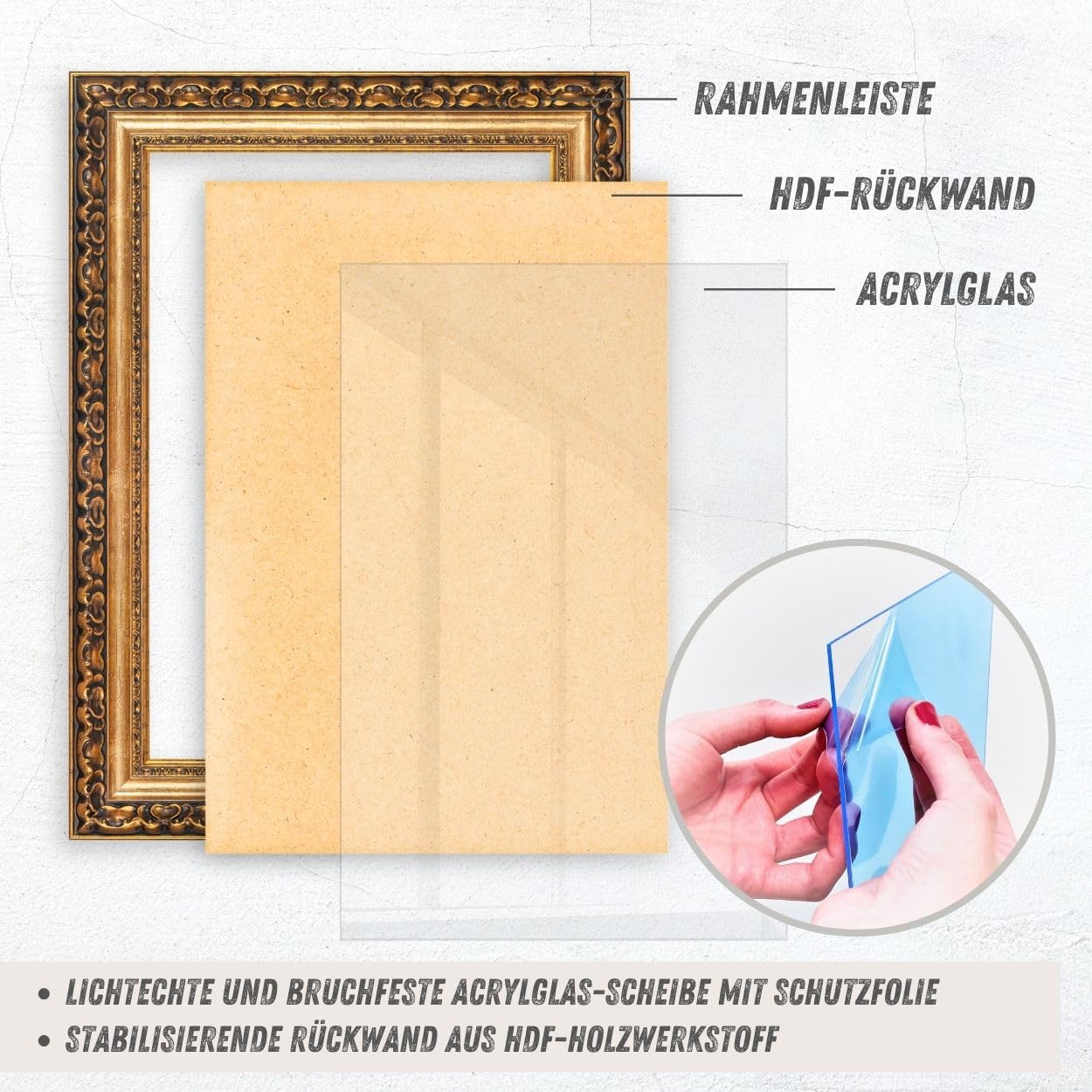 N°52 Barock Bilderrahmen 50x65 cm Bildmaß, Gold, Massivholz | Echtholz-Profilleiste 80 mm, Acrylglas glasklar & bruchsicher, Vintage-Stil, HDF-Rückwand, Metallaufhänger, handgefertigt