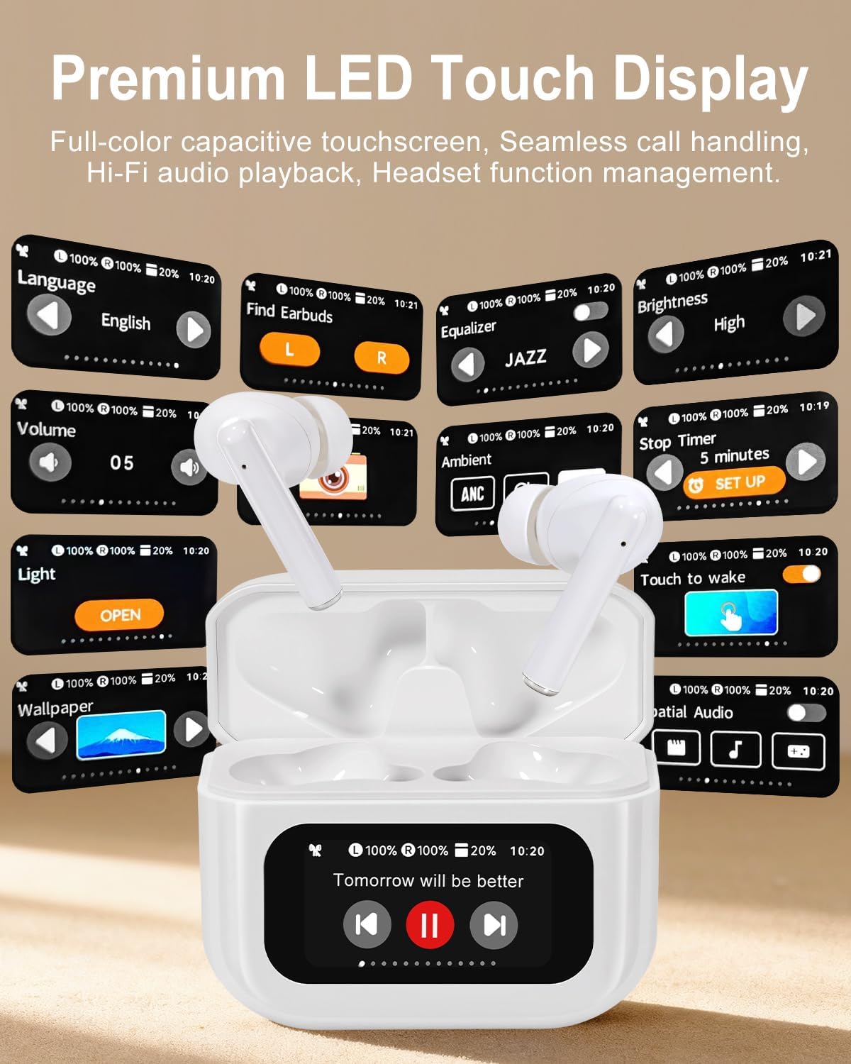Bluetooth Earbuds with LED Touchsceen, IPX7 Waterproof Wireless Earphones, Hi-Fi Stereo & 68H Playtime, ANC ENC Noise Cancelling, for Work/Running/Trave (White)