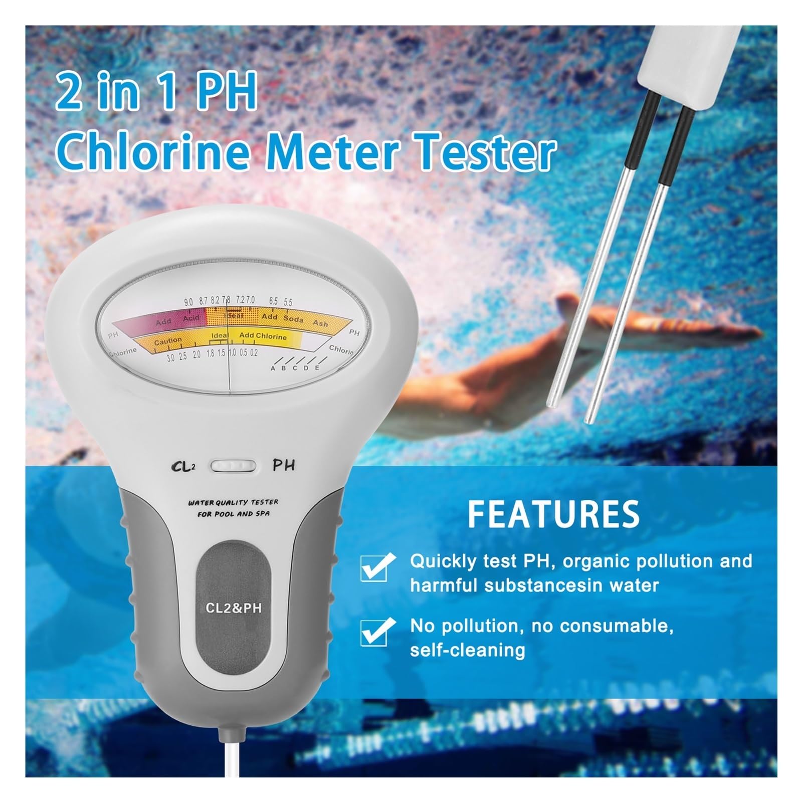 2 W 1 Miernik Chloru PH Tester Jakości Wody Urządzenie Pomiarowe Narzędzie Do Pływania Akwarium Basenowego